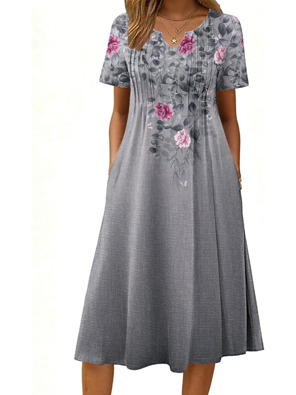 2026 Women's Summer Casual Floral A-Line Midi Dress with Pockets